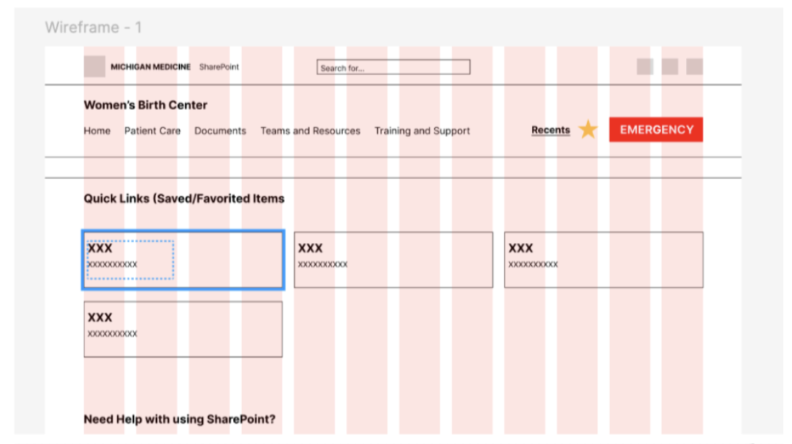 an early wireframe sketch: a sharepoint homepage layout with quick links and an emergency button