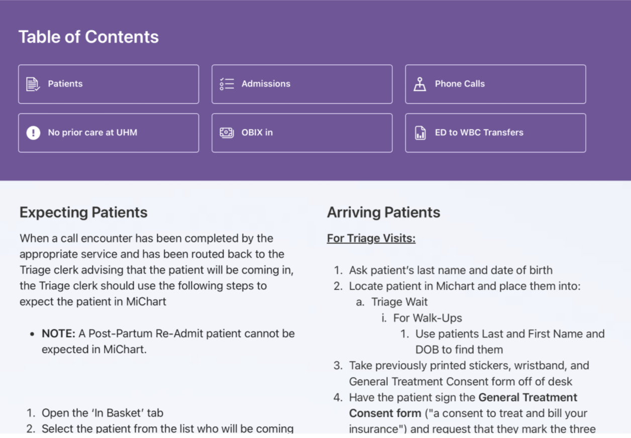 an early content page built in sharepoint, showing a table of contents and step-by-step patient procedures