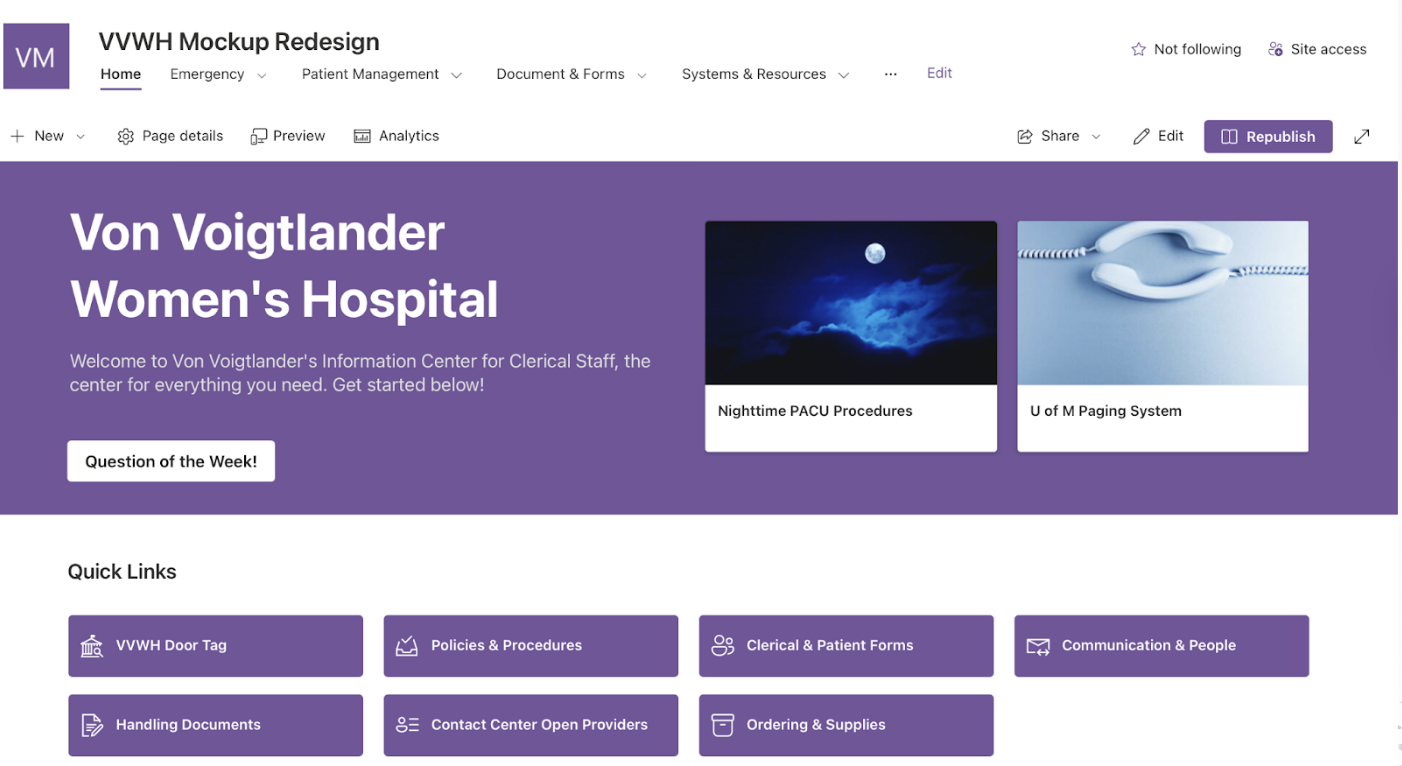 the final redesigned von voigtlander homepage, showing a streamlined set of quick links and highlighted resources