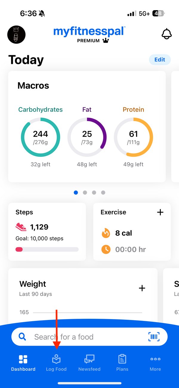 the myfitnesspal dashboard showing macros, steps, exercise, and weight