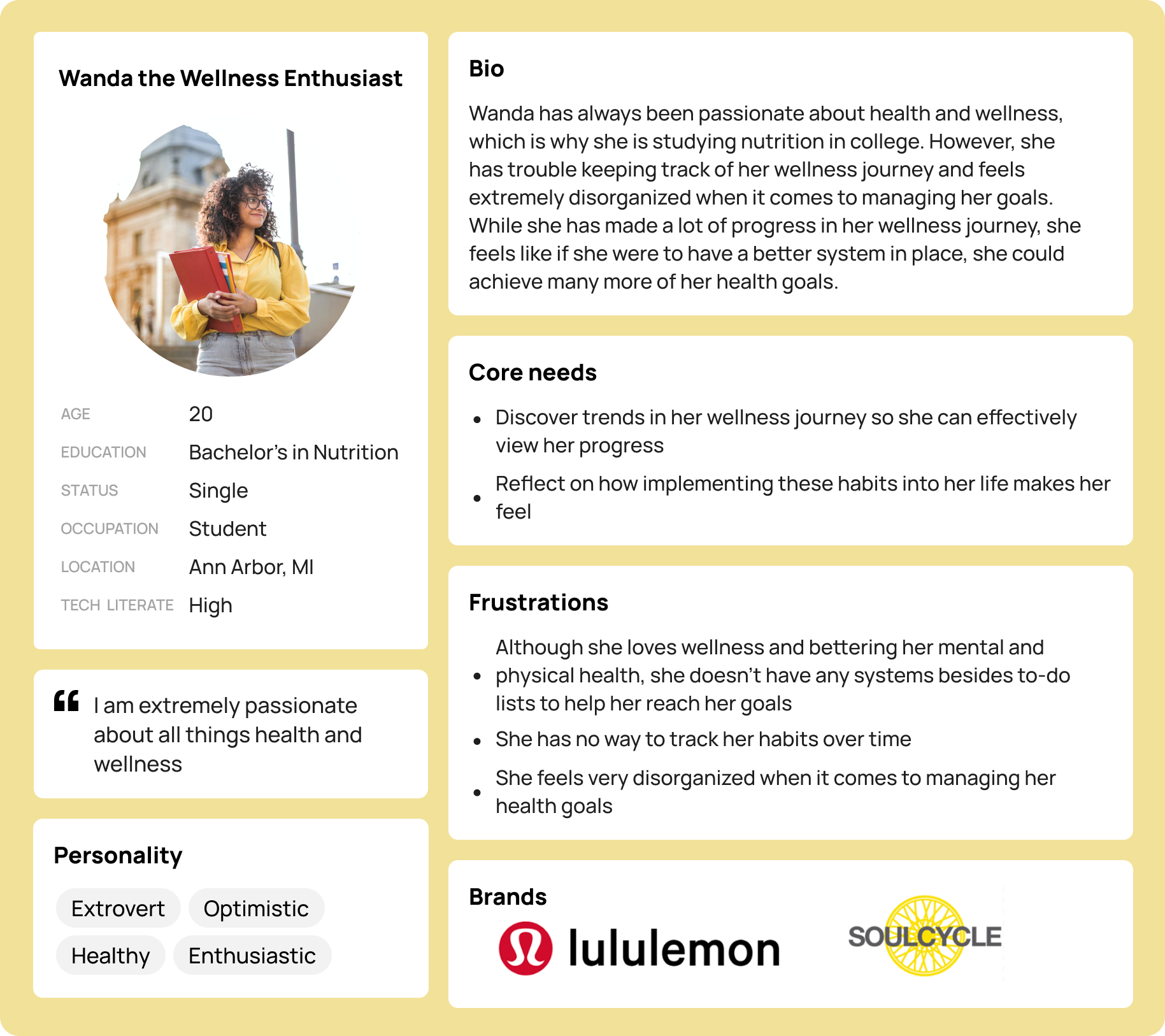user persona 1: wanda the wellness enthusiast, a 20-year-old nutrition student in ann arbor who feels disorganized managing her wellness goals