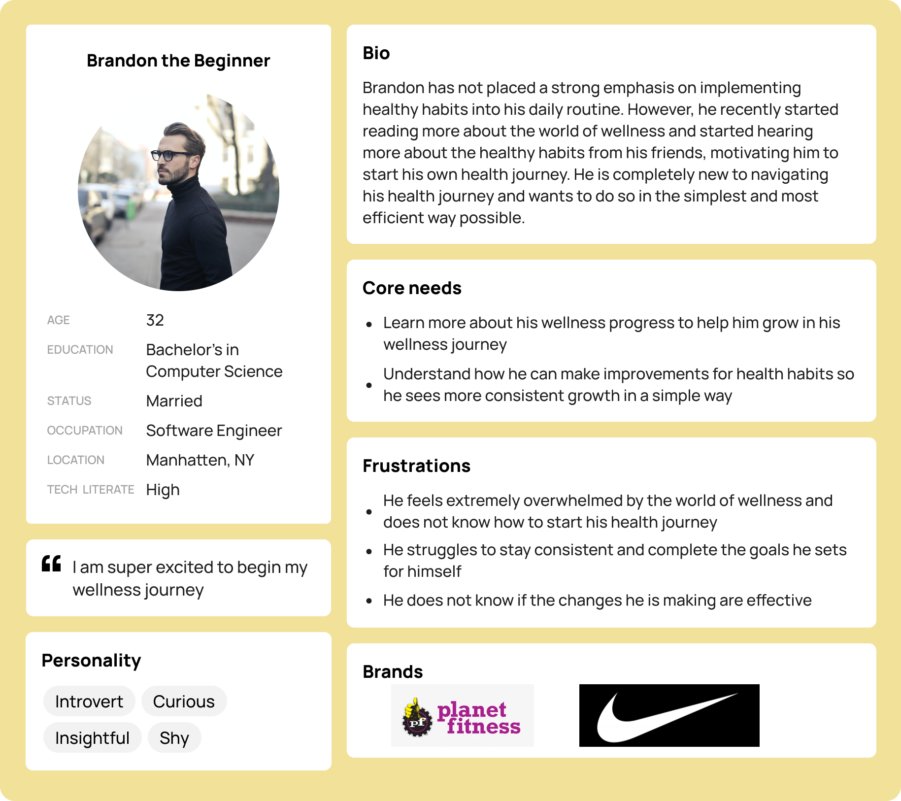 user persona 2: brandon the beginner, a 32-year-old software engineer in manhattan who is new to wellness and feels overwhelmed