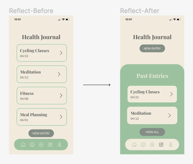 the reflection journal screen before and after: all entries on one screen, versus a past entries panel with a separate view all button