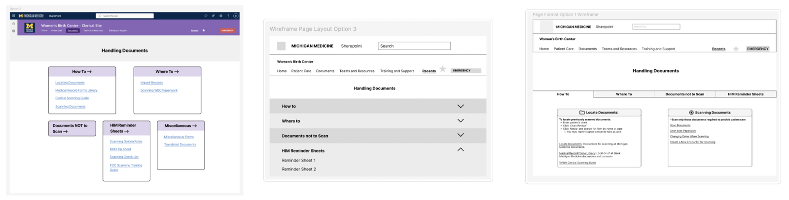 early wireframes exploring layout options for the handling documents page, including tabbed and accordion formats