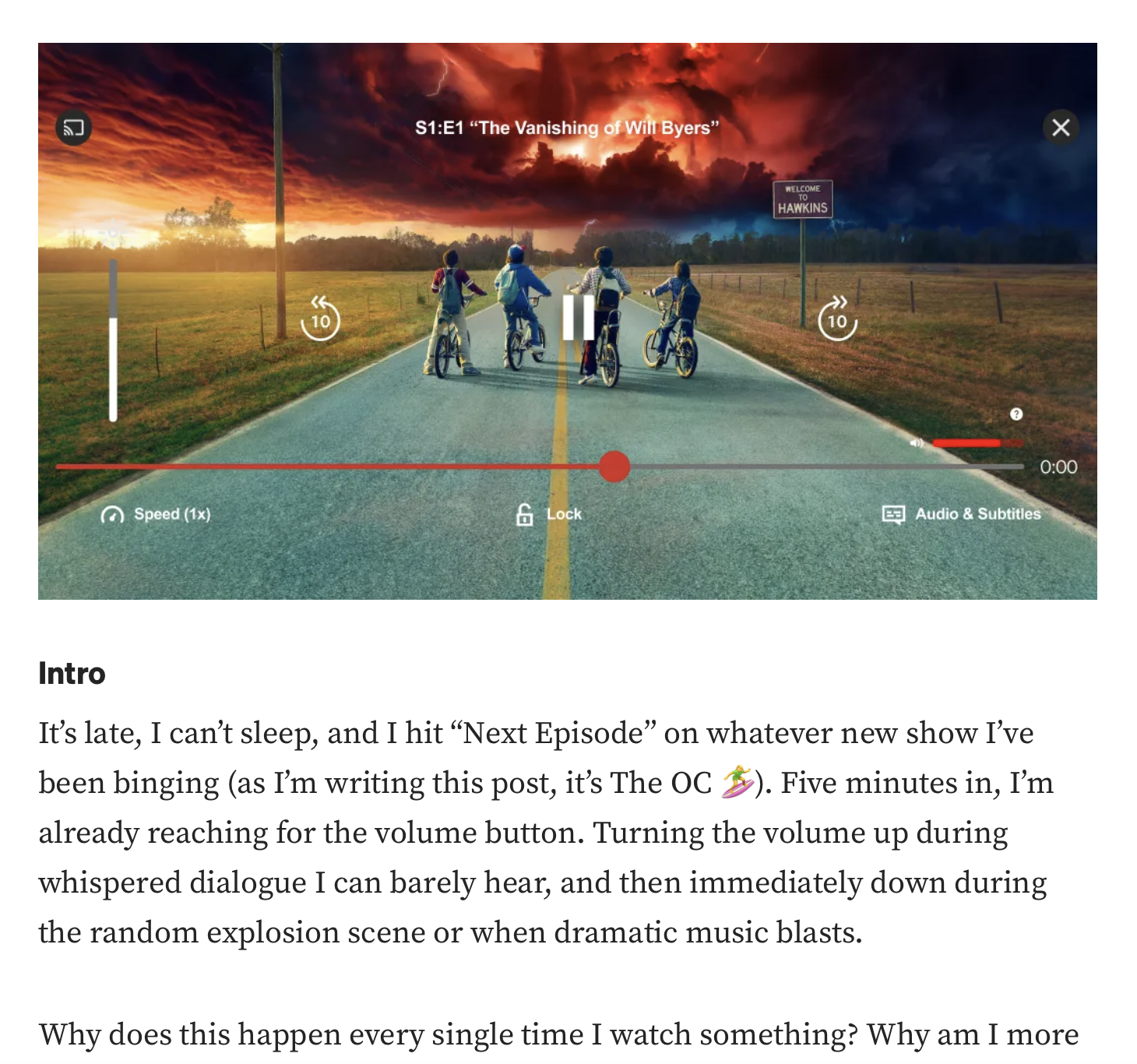 a streaming video player interface, illustrating inconsistent volume across content