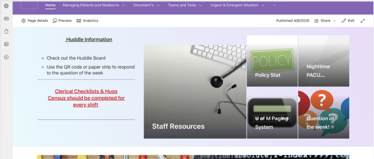 the original von voigtlander sharepoint site, showing a cluttered set of quick links and page tabs