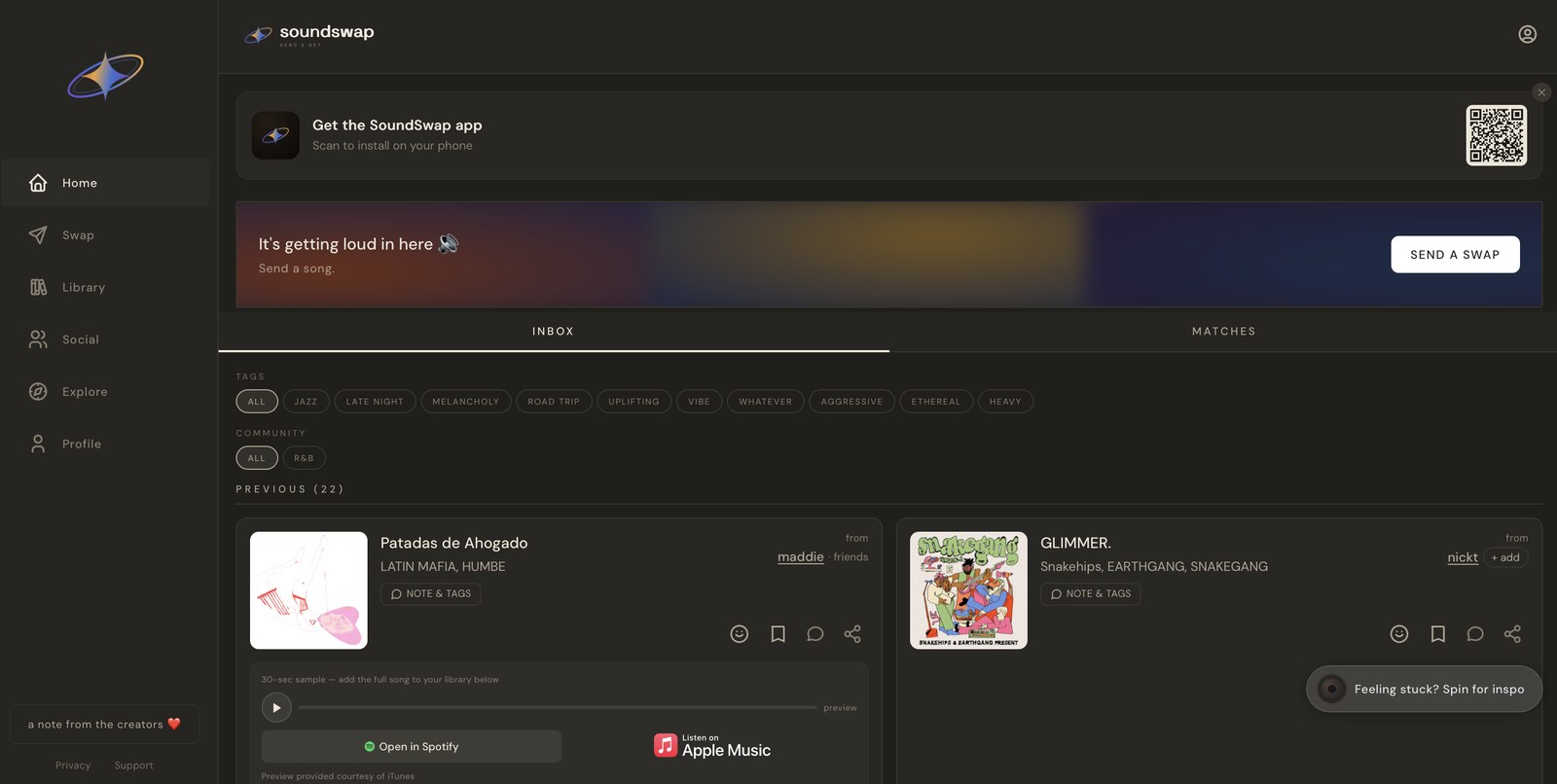 the soundswap home page on desktop, showing the inbox with tags, communities, and recent swaps