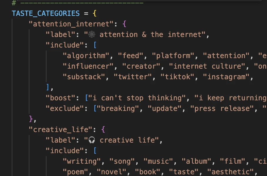 python code showing the taste categories scoring model