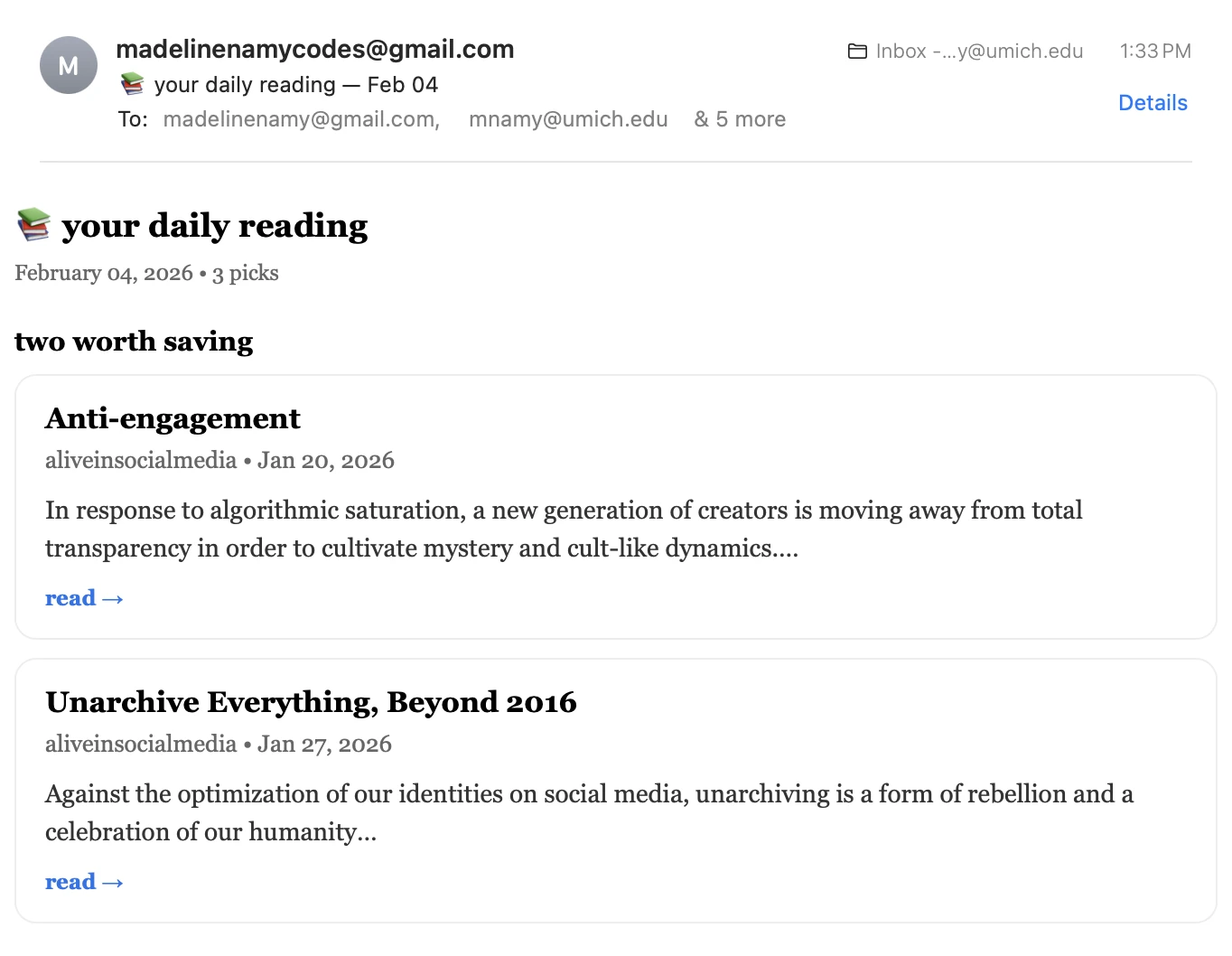 a daily reading digest email showing recommended essays