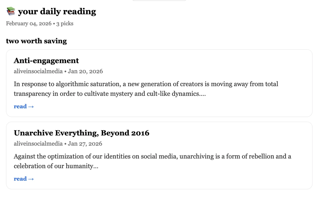 the daily reading email showing two recommended essays