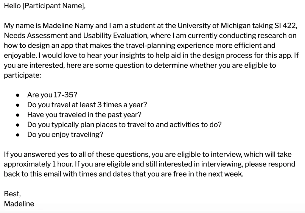 a recruitment email sent to prospective interview participants