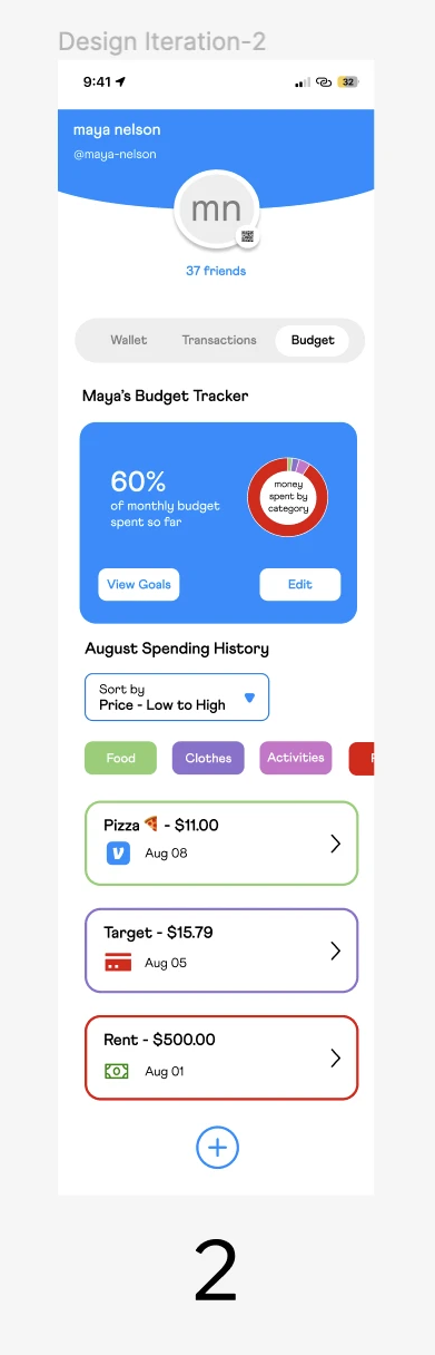 home screen design iteration 2, with a pie chart