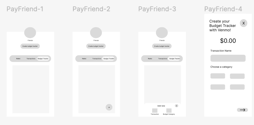 wireframes of adding a non-venmo transaction to the budget tracker