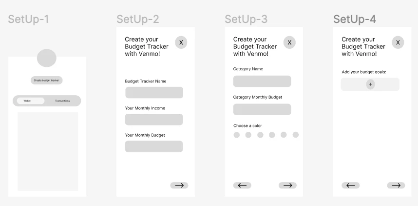 wireframes of the budget tracker setup flow